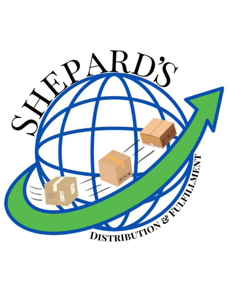 Logo featuring a globe with upward arrow and houses for Shepard's Distribution & Fulfillment.